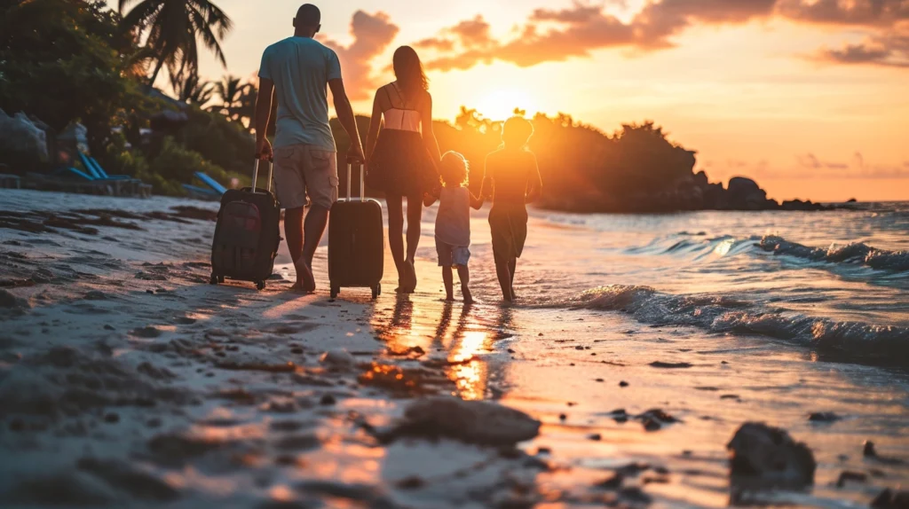 Famille de français expatriés à l'île Maurice sur la plage au coucher de soleil