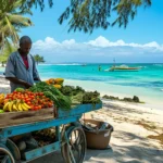 Marchand fruits et légumes plage, île Maurice